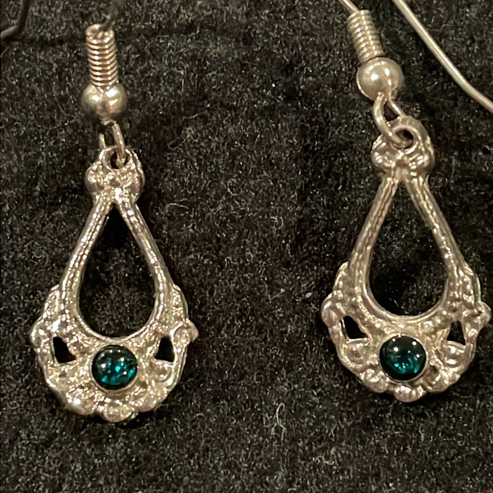 Silver Tone Dangle Earrings with Blue Green Stone
